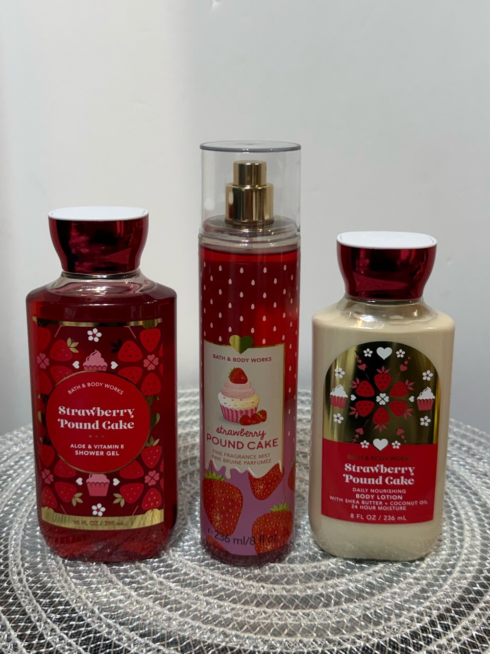 BBW Strawberry Pound Cake Fragrance Mist Body Lotion Shower Gel Set of 3 NWT